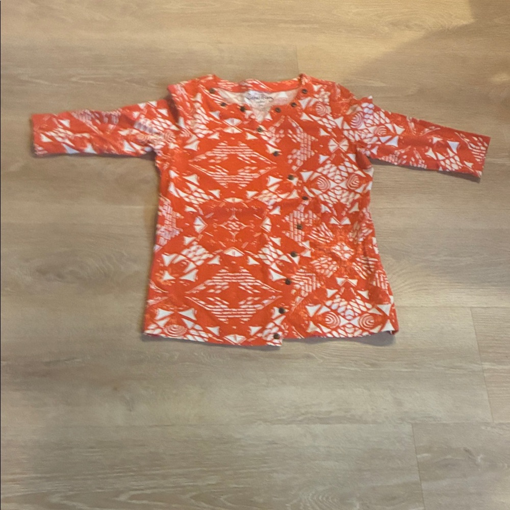Coral Bay Womens Tangerine Orange and White Button Down Shirt 3/4 Sleeve Size PS